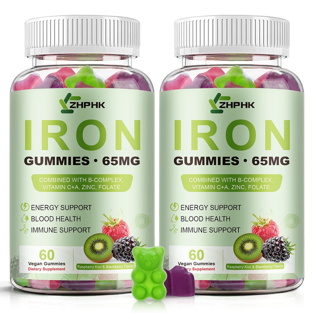 Iron Gummies for Women Men Vitamin Supplement 65mg & Vitamin C 250mg Per Serving with B6 B12 Folate- Energy Support for Iron Deficiency, Anemia, Vegan Raspberry Kiwi & Blackberry Flavor, 120 Gummies