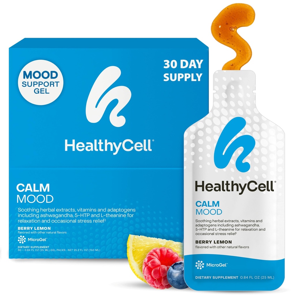 Healthycell Calm Mood Daily Liquid Supplement - Cortisol Manager & Mood Support Supplement for Stress with Ashwagandha, L-Theanine, Magnesium, 5-HTP, GABA & Saffron - 30 Gel Packs