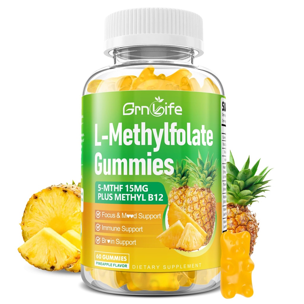 L-Methylfolate 15 mg Gummies with Methyl B12, Methylated B1, B2, B6, Active 5-MTHF & High Absorption - Supports Brain Health & Immune System, Pineapple Flavor, 60 Count