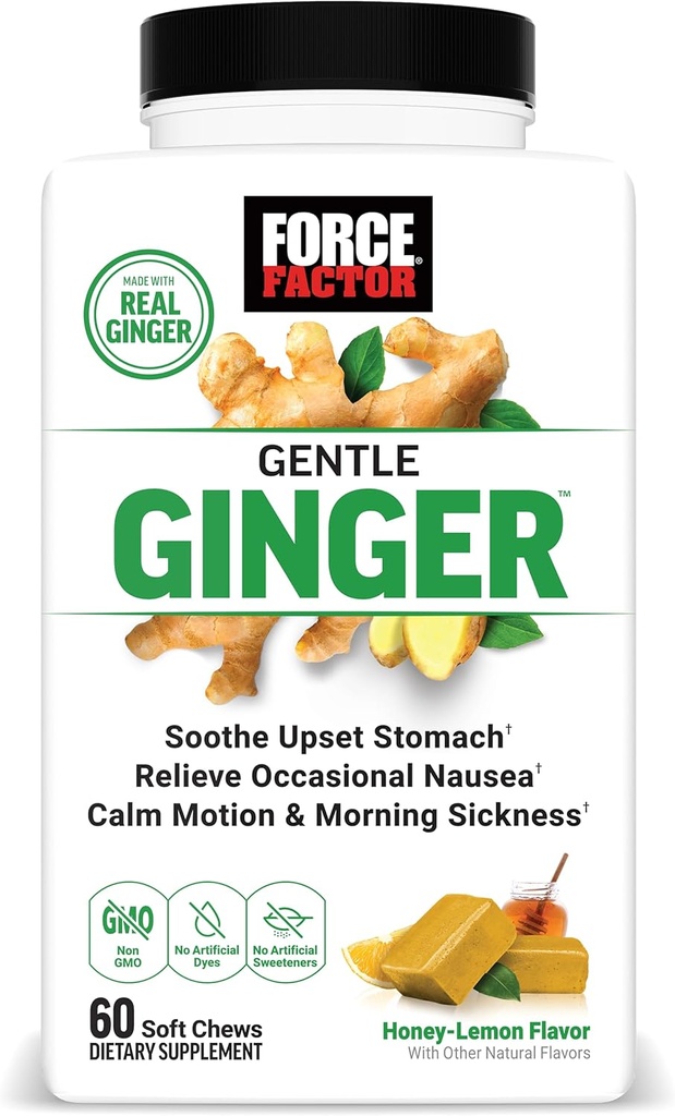 FORCE FACTOR Gentle Ginger Chews for Nausea Relief, Motion Sickness, and Morning Sickness, Ginger Supplement with Vitamin B6 for Digestive Support, Non-GMO, Honey-Lemon Ginger Flavor, 60 μαλακά μάσημα