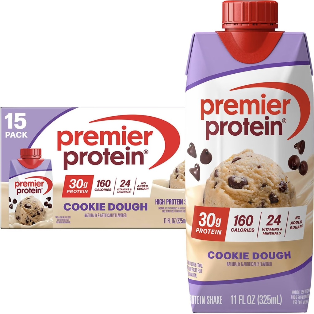 Premier Protein Shake, Cookie Dough, 30g Protein 1g Sugar 24 Vitamins Minerals Nutrients to Support Immune Health, 11 fl oz (Pack of 18)