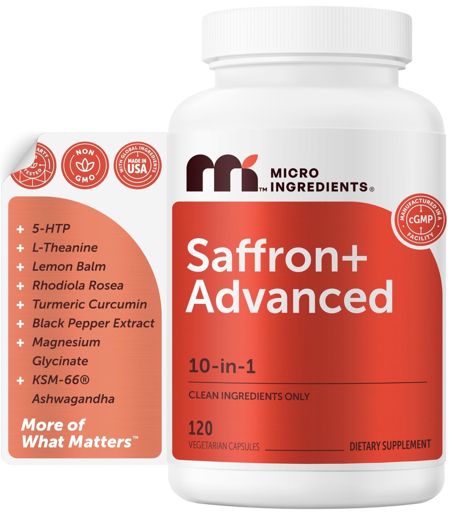 Micro Ingredients Saffron+ Advanced Supplements, 120 Veggie Capsules – 10-in-1 with Saffron Extract, High Absorption* Fat-Soluble Vitamin C, Magnesium, Turmeric & KSM-66 Ashwagandha – Filler Free