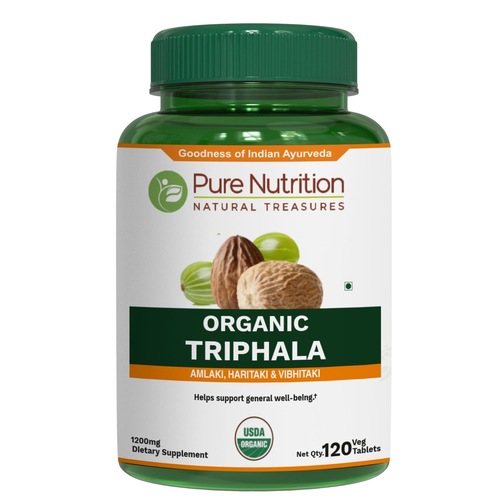 Pure Nutrition Organic Triphala Tablet - 1200mg | 120 Count | USDA Organic | Powerful Blend of Amlaki + Haritaki + Bibhitaki to Support Healthy Digestion | Non-GMO | Gluten-Free