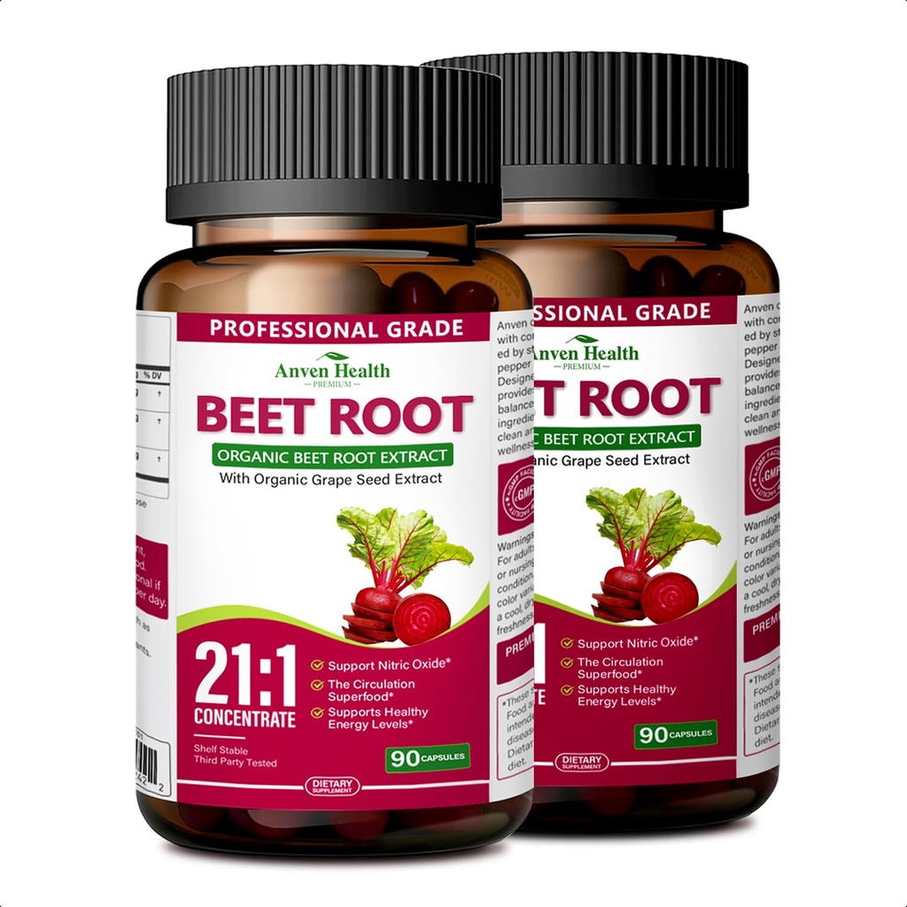 Organic Beet Root 21:1 Extract Nitric Oxide, Non-GMO, 180 | High Potency Nitric Oxide Supplement, Black Pepper for Enhanced Absorption