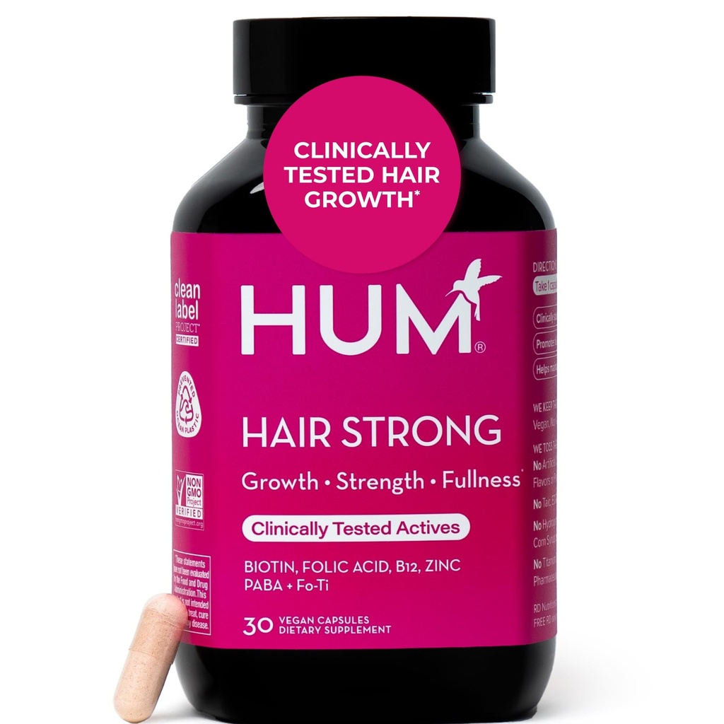 HUM Hair Strong Καθημερινά συμπλήρωμα ανάπτυξης μαλλιών με βιοτίνη, ψευδάργυρο, βιταμίνη Β12 για την υποστήριξη της ανάπτυξης, φολικό οξύ & βιταμίνη Β12 Βιταμίνες για υγιή υποστήριξη μαλλιών για γυναίκες και άνδρες, 30 κάψουλες Vegan