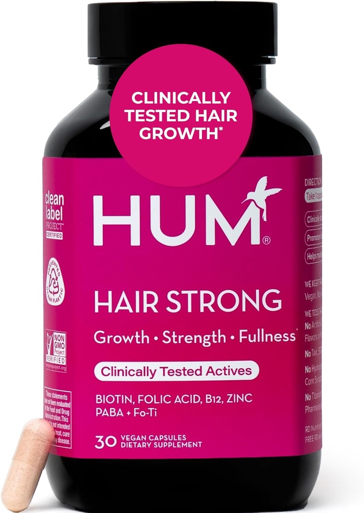 HUM Hair Strong Καθημερινά συμπλήρωμα ανάπτυξης μαλλιών με βιοτίνη, ψευδάργυρο, βιταμίνη Β12 για την υποστήριξη της ανάπτυξης, φολικό οξύ & βιταμίνη Β12 Βιταμίνες για υγιή υποστήριξη μαλλιών για γυναίκες και άνδρες, 30 κάψουλες Vegan