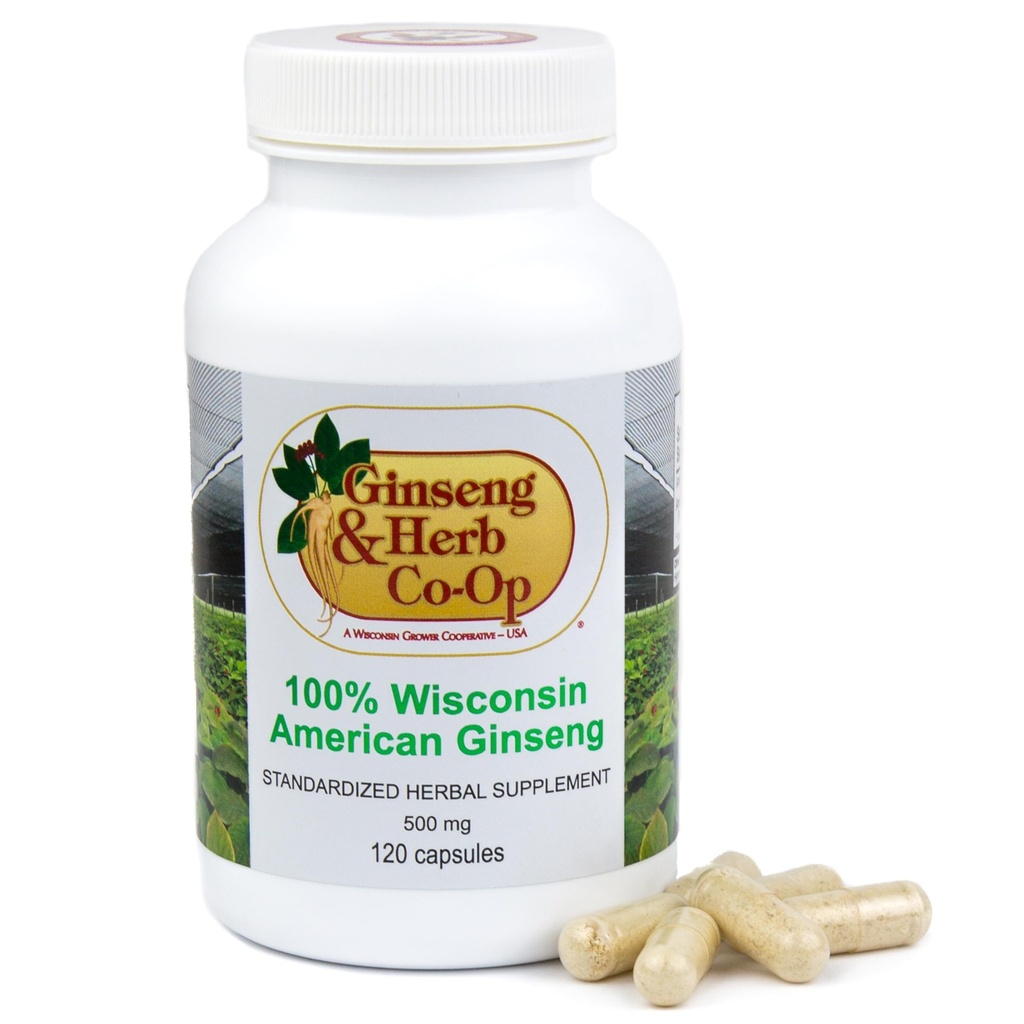 100% Pure Wisconsin American Ginseng Capsules - 500mg. Authentic Panax Quinquefolius. Potent Ground Ginseng Root - No Fillers, Binders or Other Additives. (120 Count)