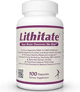 Lithium Aspartate 10mg | Supports Cognitive Function & Brain Health with Aging | NSF Certified | Promotes Mental Clarity, Healthy Mood & Longevity | Natural Supplement | 100 Capsules