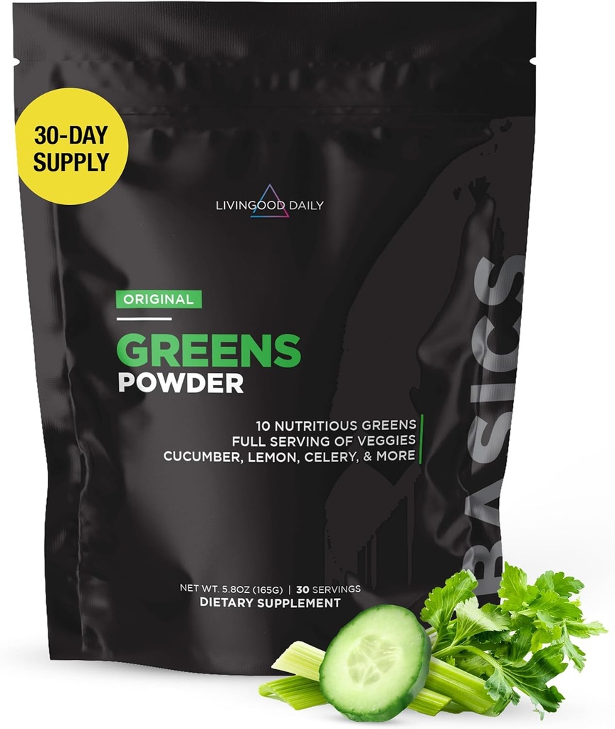 Livingood Daily Basic Greens Powder, Super Greens Drink Mix με Spirulina, Broccoli, Kale, Σιτάρι Grass & Chlorella, Βιολογικό φυτικό μείγμα, Vegan, Χωρίς γλουτένη, Μη ΓΤΟ, 30 Υπηρεσίες