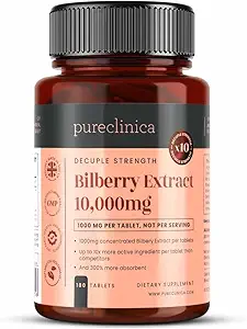 Pureclinica Bilberry Extract 10. 000mg x 180 δισκία (6 Μήνες Προσφορά) - 10X Περισσότερα ανθοκυανιδίνη Plus 5mg Μαύρο πιπέρι ανά δισκίο