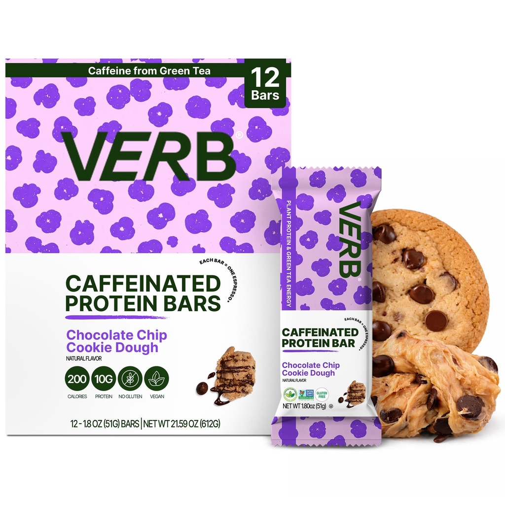 Verb Energy - Caffeinated Protein Bars Chocolate Chip Cookie Dough 190-Calorie Low Sugar 10g Protein Bar - Vegan Snacks - Gluten Free Breakfast Bars with Organic Green Tea, 51g Per Bar (Pack of 12)