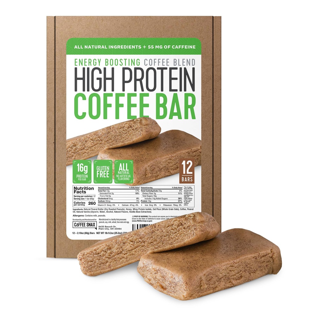 Protein Coffee Energy Bar, Made with Simple Ingredients, Natural Ingredients, Gluten Free, Non GMO & 16g of Protein, Made with Real Coffee (Peanut Butter - Caffeinated)