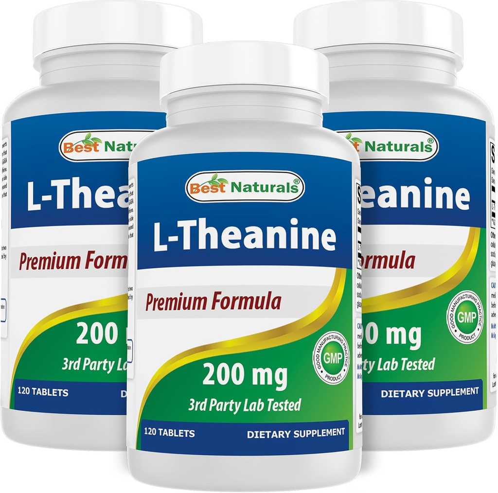 Best Naturals L- Theanine 200mg ανά δισκίο (400mg ανά 2 δισκία) - Προάγει την χαλάρωση χωρίς υπνηλία - 120 χορτοφαγικά δισκία - (120 Count (Pack of 3))