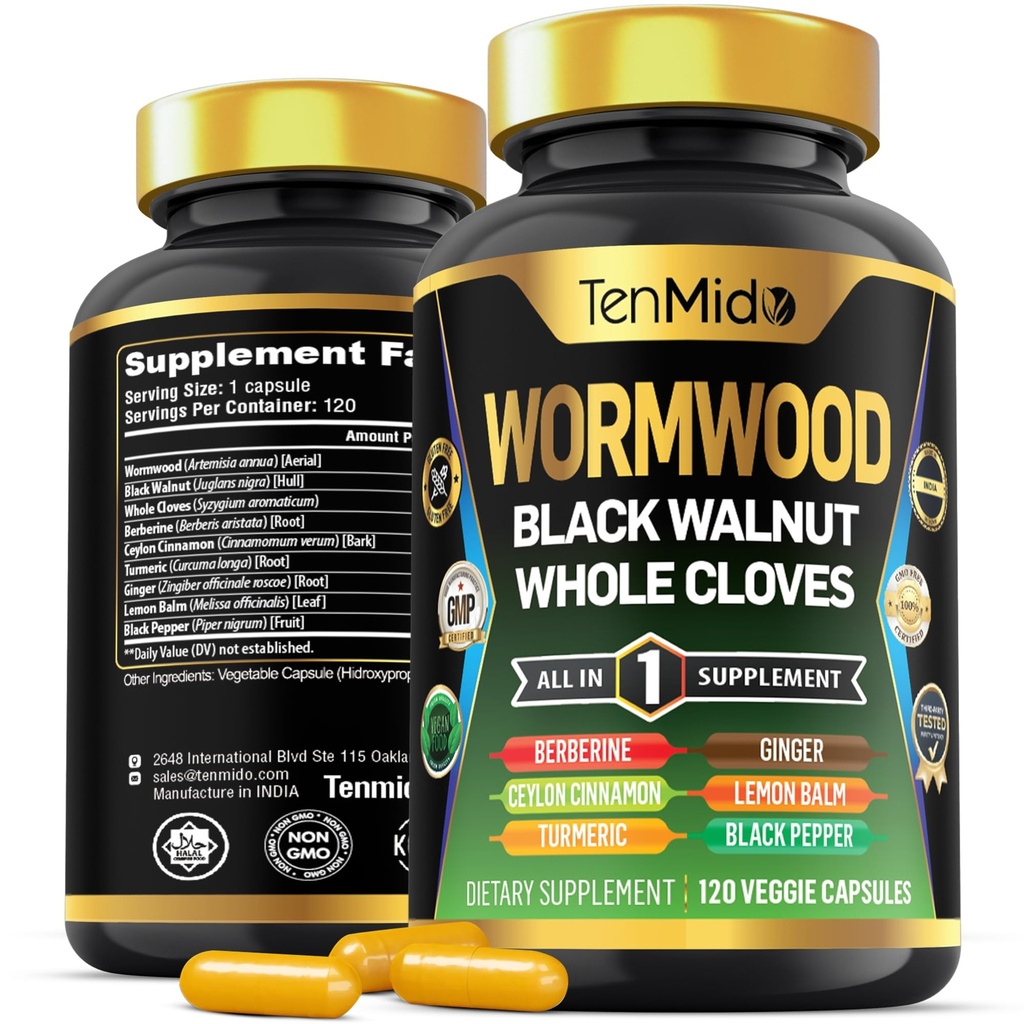 Wormwood Black Walnut Clove Capsules - 9in1 Wormwood Extract Formula with Berberine, Ceylon Cinnamon, Turmeric, Ginger & More - Vegan, Non-GMO - 120 Capsules