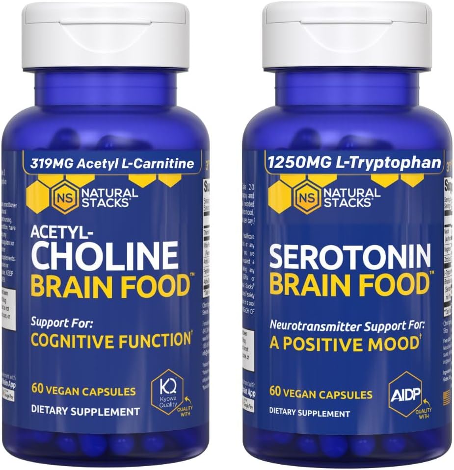 ΦΥΣΙΚΑ STACKS Acetylcholine Brain Food & Serotonin Brain Food Bundle - Υποστηρίζει μια θετική διάθεση και γνωστική λειτουργία * - 120 Σύνολο κάψουλες