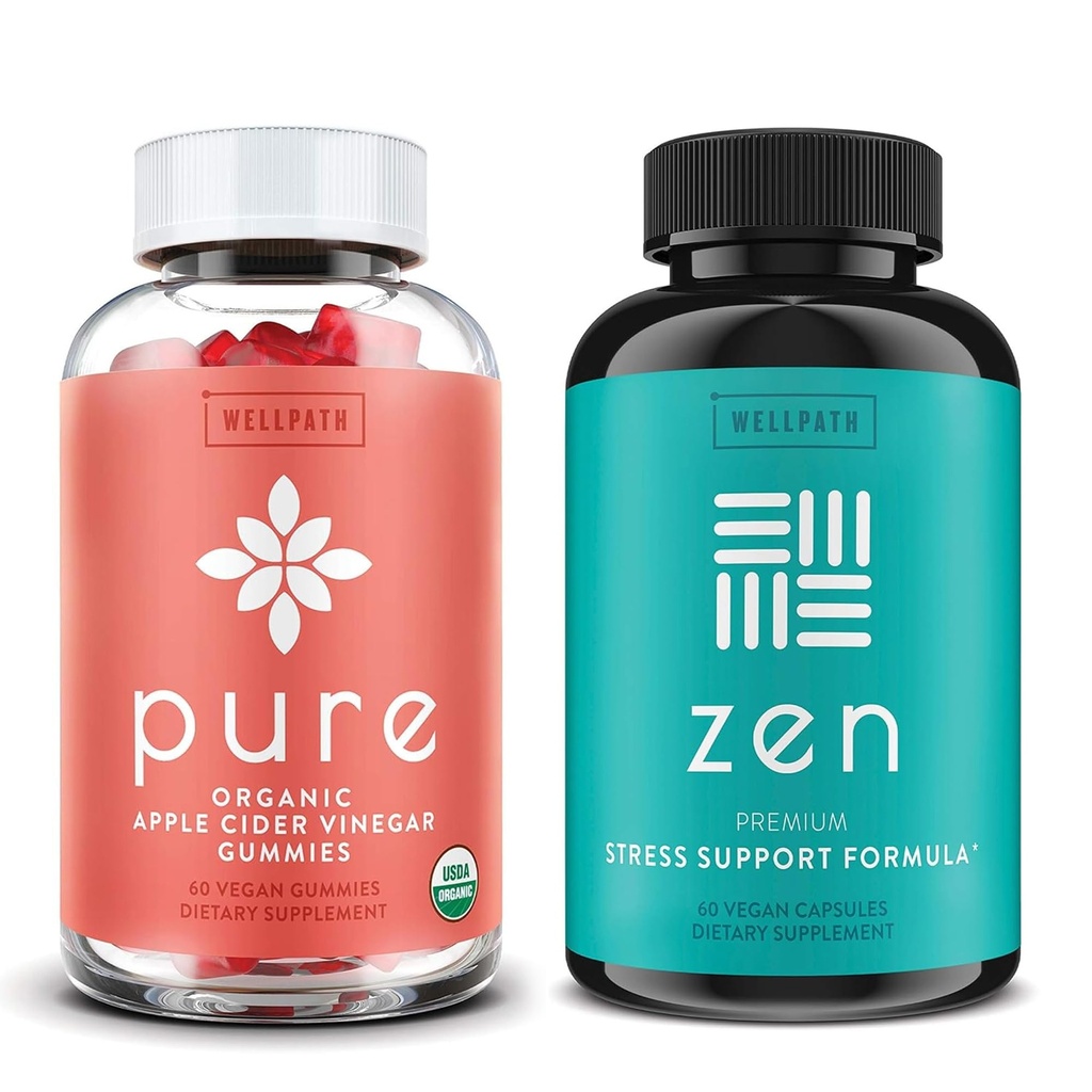 WellPath καθαρό μηλίτη ξύσμα μήλου με τη μητέρα Gummies & Zen Συμπληρώματα Υποστήριξης Mood Bundle - Detox & Calm Energy Συνδυασμός, Vegan, 60 Cts το καθένα