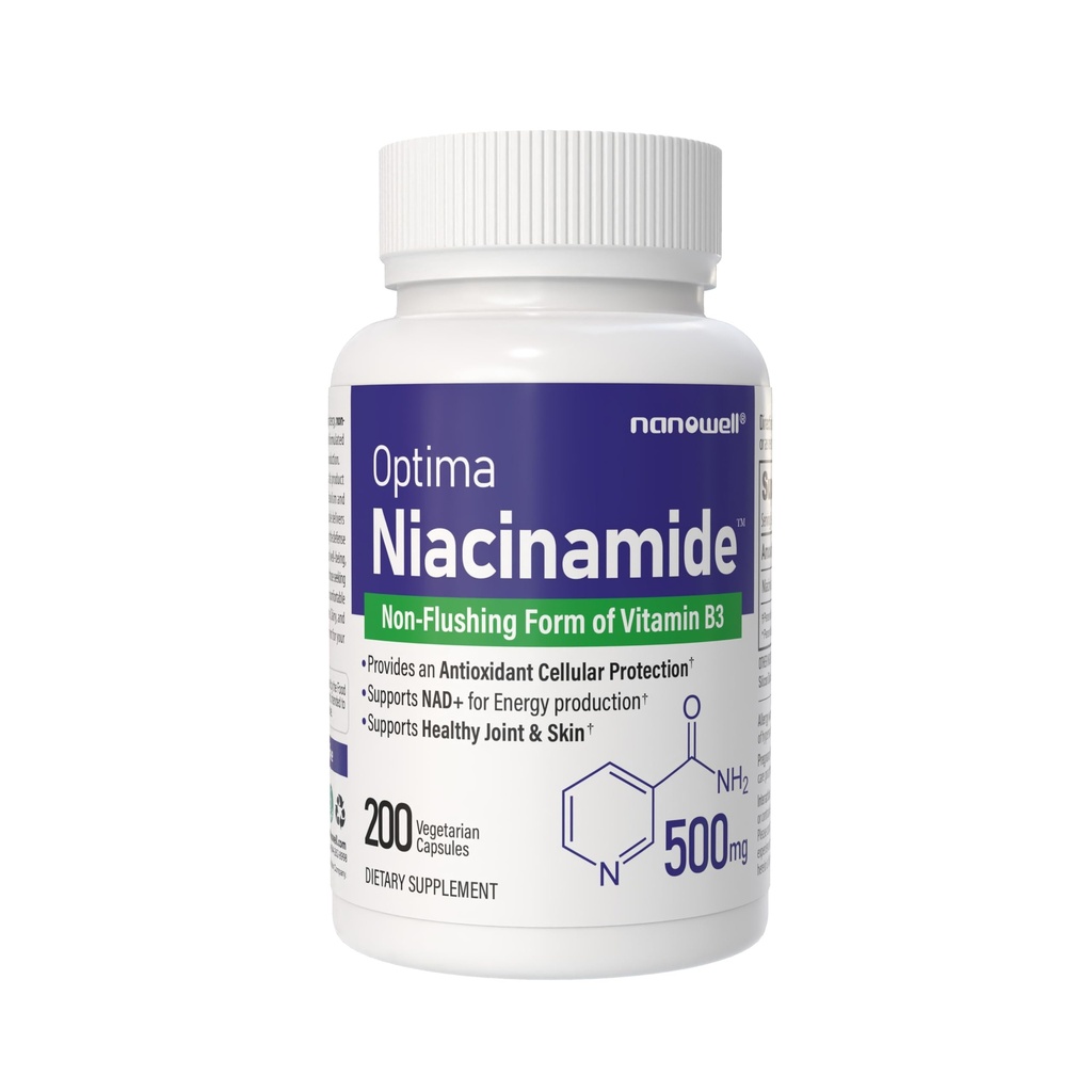 NANOWELL Niacinamide 500mg (Vitamin B3), Non-Flushing Formula, 200 Vegetarian Capsules, Gluten Free, Non-GMO, Made in USA
