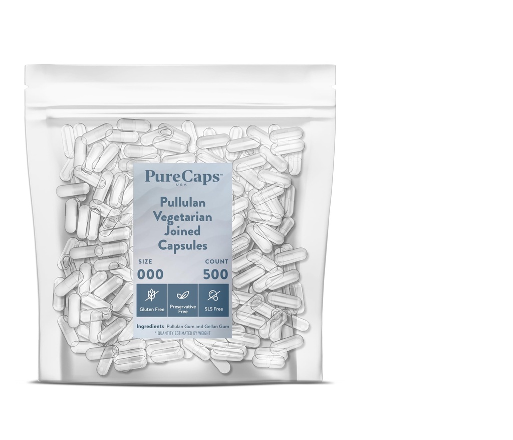PureCaps USA - Empty Vegetarian Vegan Pullulan Pill Capsules Size 000 | 500 Joined Pills| Clear| Non-GMO Certified | SLS, Gluten, Preservative Free
