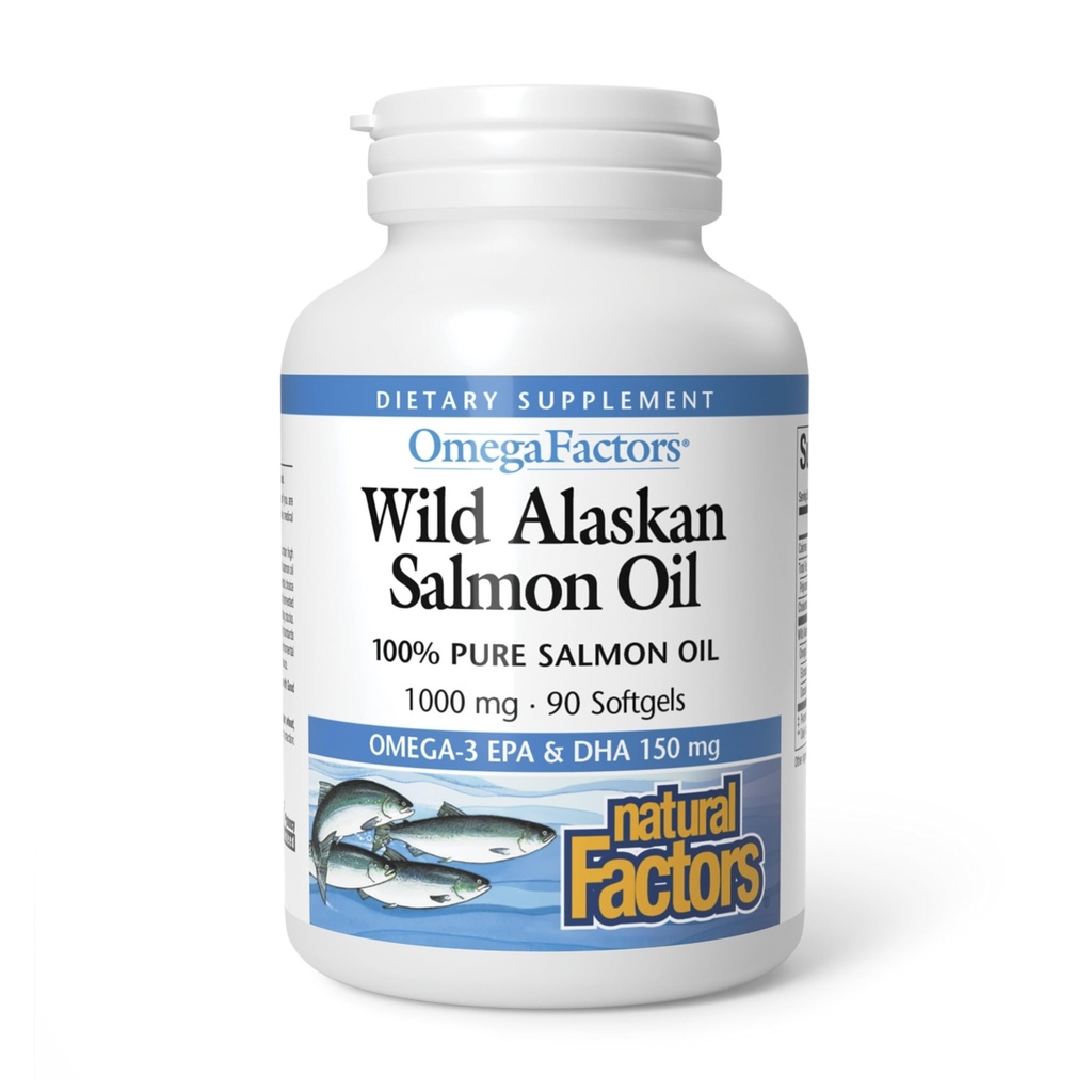 Omega Factors by Natural Factors, Wild Alaskan Salmon Oil, Supports Heart and Brain Health with Omega-3 DHA and EPA, 90 Softgels