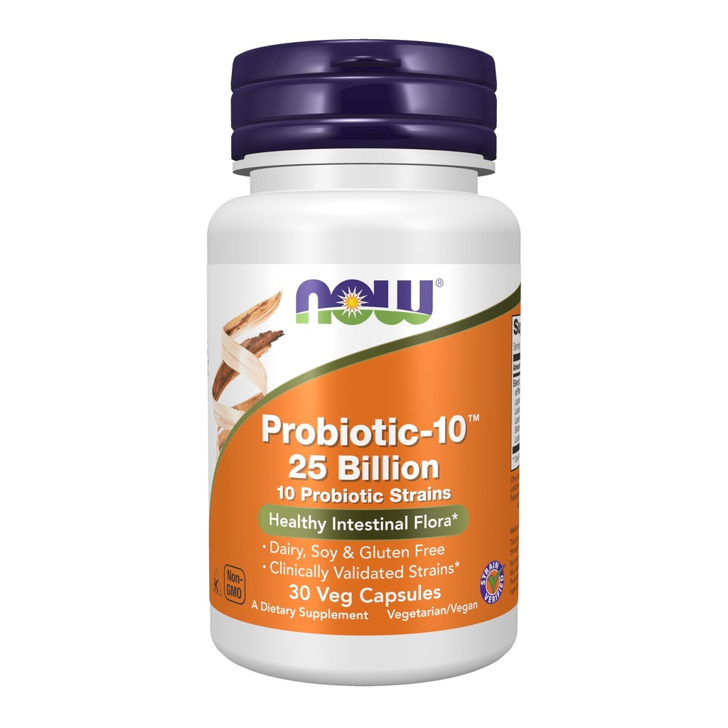 NOW Συμπληρώματα τροφίμων, Probiotic-10TM, 25 δισεκατομμύρια, με 10 Probiotic Strains, Γαλακτοκομικά, Σόγια και Χωρίς Γλουτένη, Striin Επαληθευμένο, 30 κάψουλες Veg