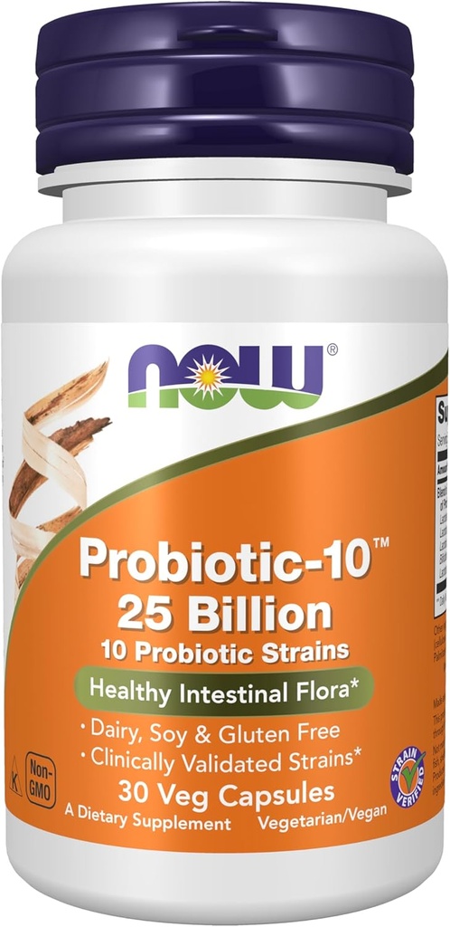 NOW Συμπληρώματα τροφίμων, Probiotic-10TM, 25 δισεκατομμύρια, με 10 Probiotic Strains, Γαλακτοκομικά, Σόγια και Χωρίς Γλουτένη, Striin Επαληθευμένο, 30 κάψουλες Veg