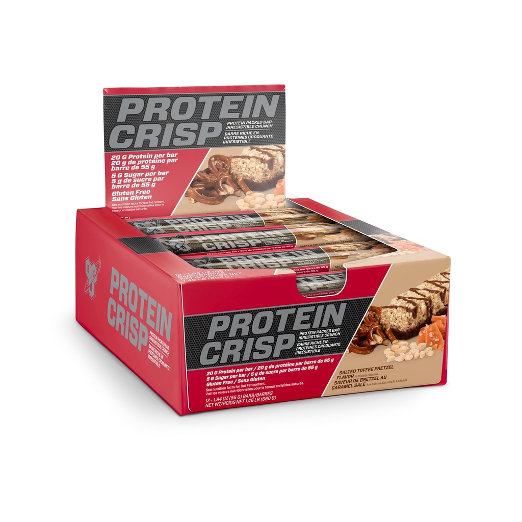 BSN Protein Crisp Bar, Salted Toffee Pretzel, 20 Gram Protein Snack Bars με Whey και Fiber, Gluten-free Crunchy Energy Bars για την προπόνηση, Fitness, On-the-Go, 12 Count