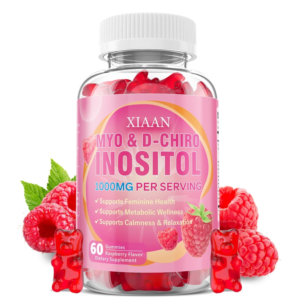 Myo Inositol Gummies 1000mg, Inositol Supplement for Women Myo-Inositol & D-Chiro Inositol for PCOS Support & Female Health, Vegan/Sugar-Free/Gluten-Free, Raspberry Flavor 60 Count