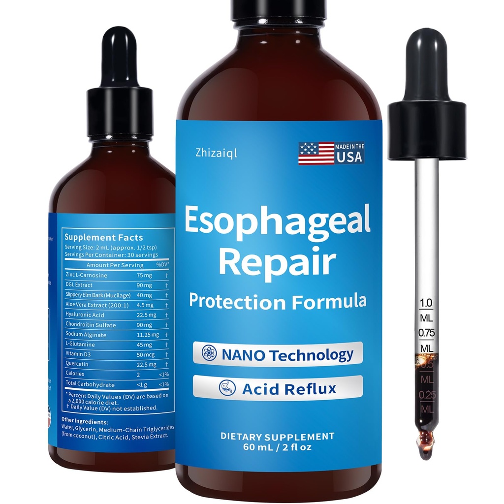 Nano Esophageal Drops, No Aftertaste, Digestive, Acid Reflux, Heartburn & Throat, Slippery Elm Bark, L-Carnosine & Aloe Vera Extract, Non-GMO, 2 oz