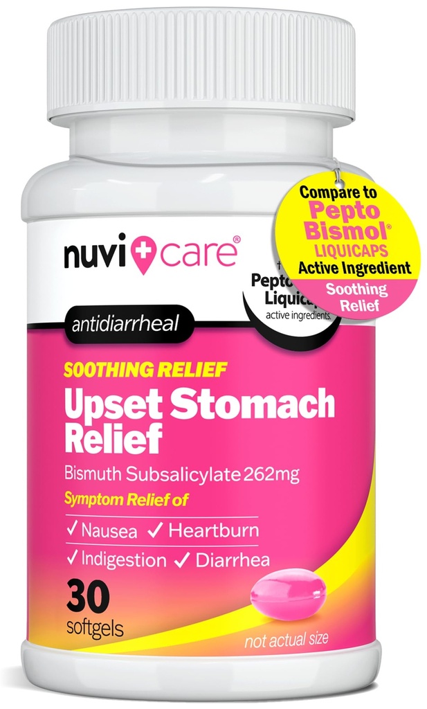 NUVICARE Upset Stomach Relief – Bismuth Antidiarrheal Medication – Acid Reflux Medicine for Nausea, Heartburn & Indigestion Relief – Generic Liquicaps (30 Count)