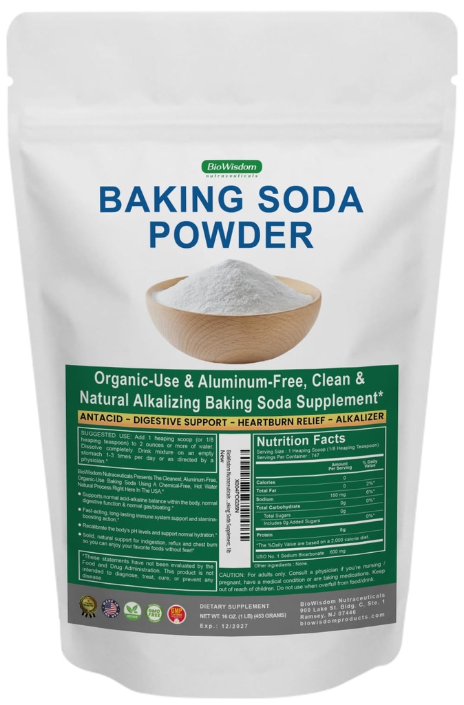 Baking Soda Powder for Organic Use, Grade 1 Aluminum Free Baking Soda, Natural No Chemicals, Pure Powder for Cooking, Stomach Acid, Kidney Supplement, 1lb