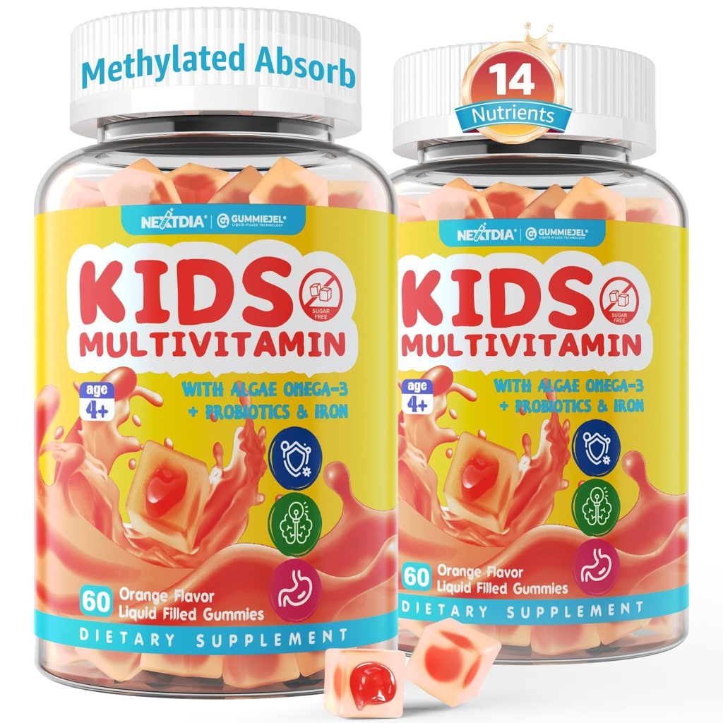 (2 Pack) Παιδικές πολυβιταμίνες με σίδηρο, ζάχαρη χωρίς, Παιδικές ημερήσιες βιταμίνες + προβιοτικά, Algae Omega 3 (EPA/DHA), A, C, D, Methyl B12, Folate, B6, Ψευδάργυρος, Βιοτίνη, για υγιή ανάπτυξη, Ανοσοποιητική υποστήριξη