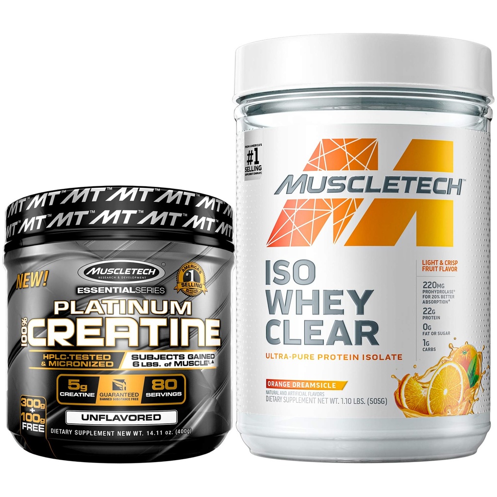 MuscleTech Creatine + Whey Protein Isolate Bundle Platinum Creatine Iso Whey Clear, Orange