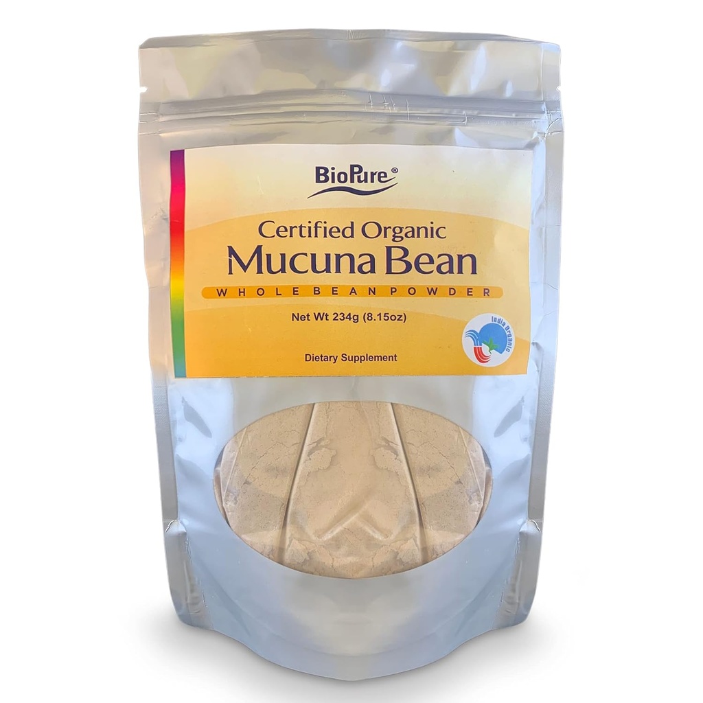 BioPure Certified Organic Mucuna Bean Powder – Natural Nootropic & Adaptogen Supplement with Dopamine & Serotonin to Support Brain Health, Body’s Stress Response, and General Wellness – 8.15 oz