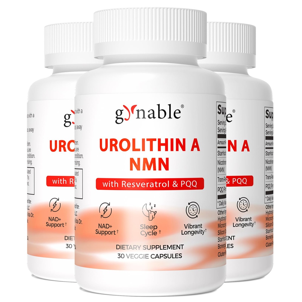 Gynable Patented Urolithin A Supplement with NMN | Trans-Resveratrol & PQQ| 4-IN-1 Complex Cellular Energy & Muscle Strength,Longevity Supplement for Sleep and Healthy Aging - Made in USA 90 counts