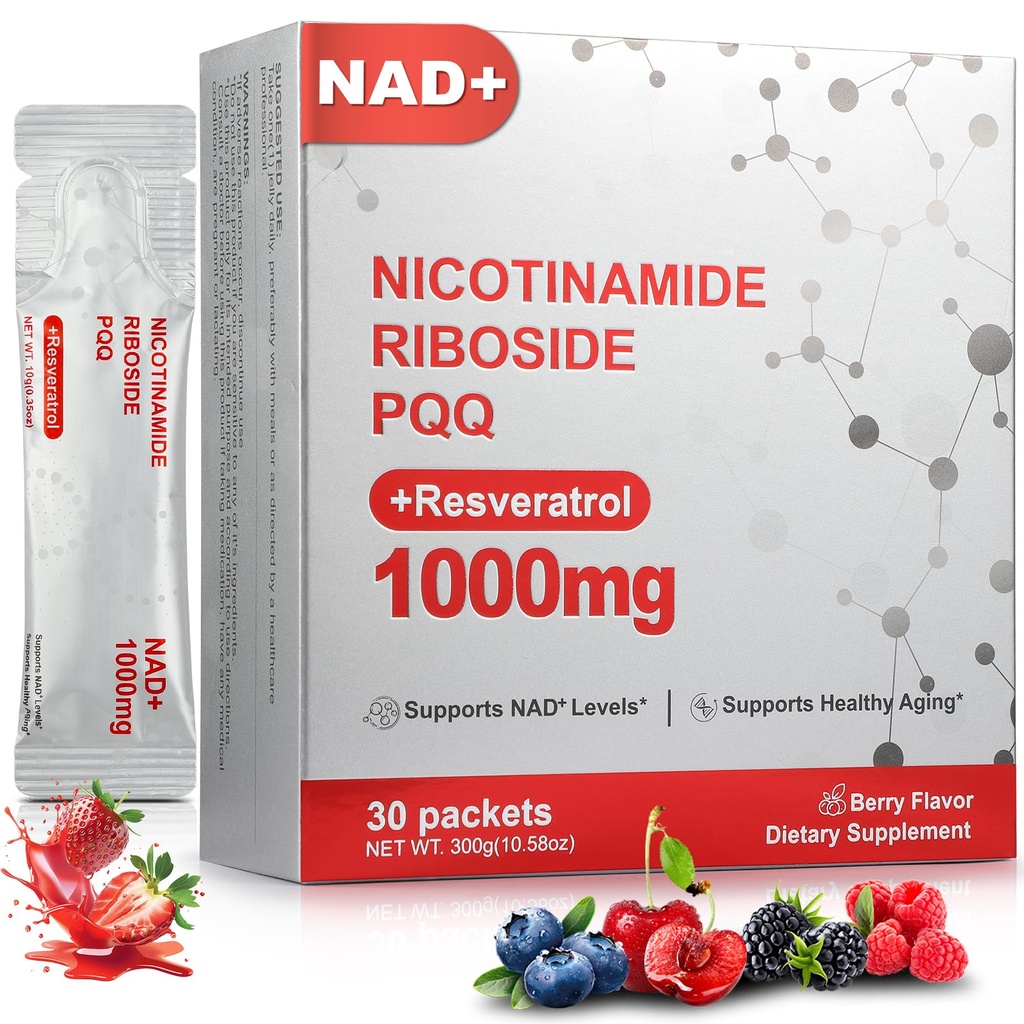 Zooone NAD+ Liquid Supplement 1000mg, Nicotinamide Riboside & Resveratrol, Extra Strength Berry Flavor Drink Mix for Energy, Focus & Anti-Aging -30 Pack