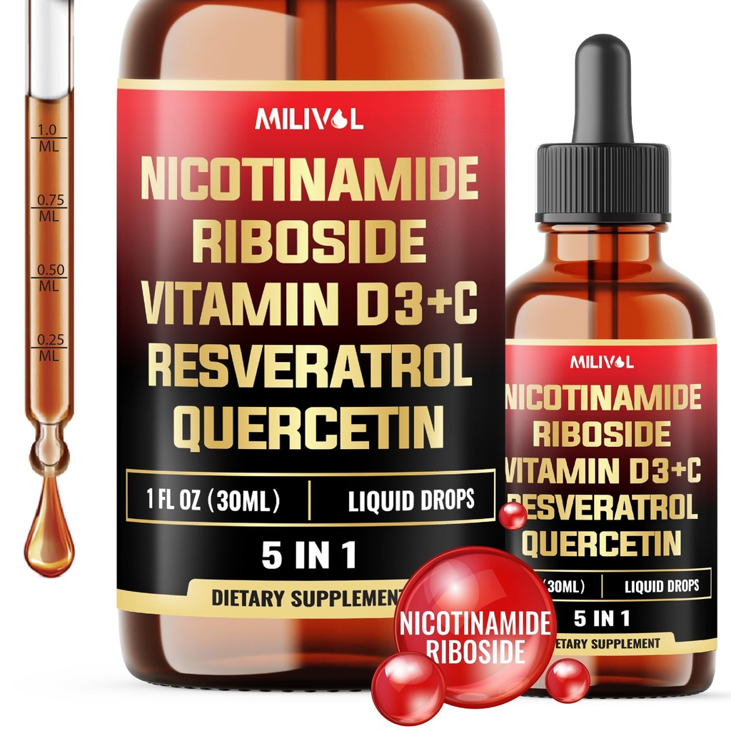 5in1 NAD+ Liquid Drops w/Nicotinamide Riboside NR 900mg, Quercetin 500mg, Trans-resveratrol 500mg, Vitamin D3-C - Cellular Energy & Repair, Vitality, Healthy Aging - 1FL Oz - 1 Month Supply