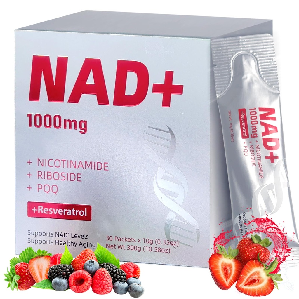 High-Potency 1000mg Nicotinamide Riboside with Resveratrol, PQQ & Quercetin Liquid Supplement, Berry Flavor Drink Mix, Boosts Cellular Energy, Focus & Anti-Aging, 30 Packets