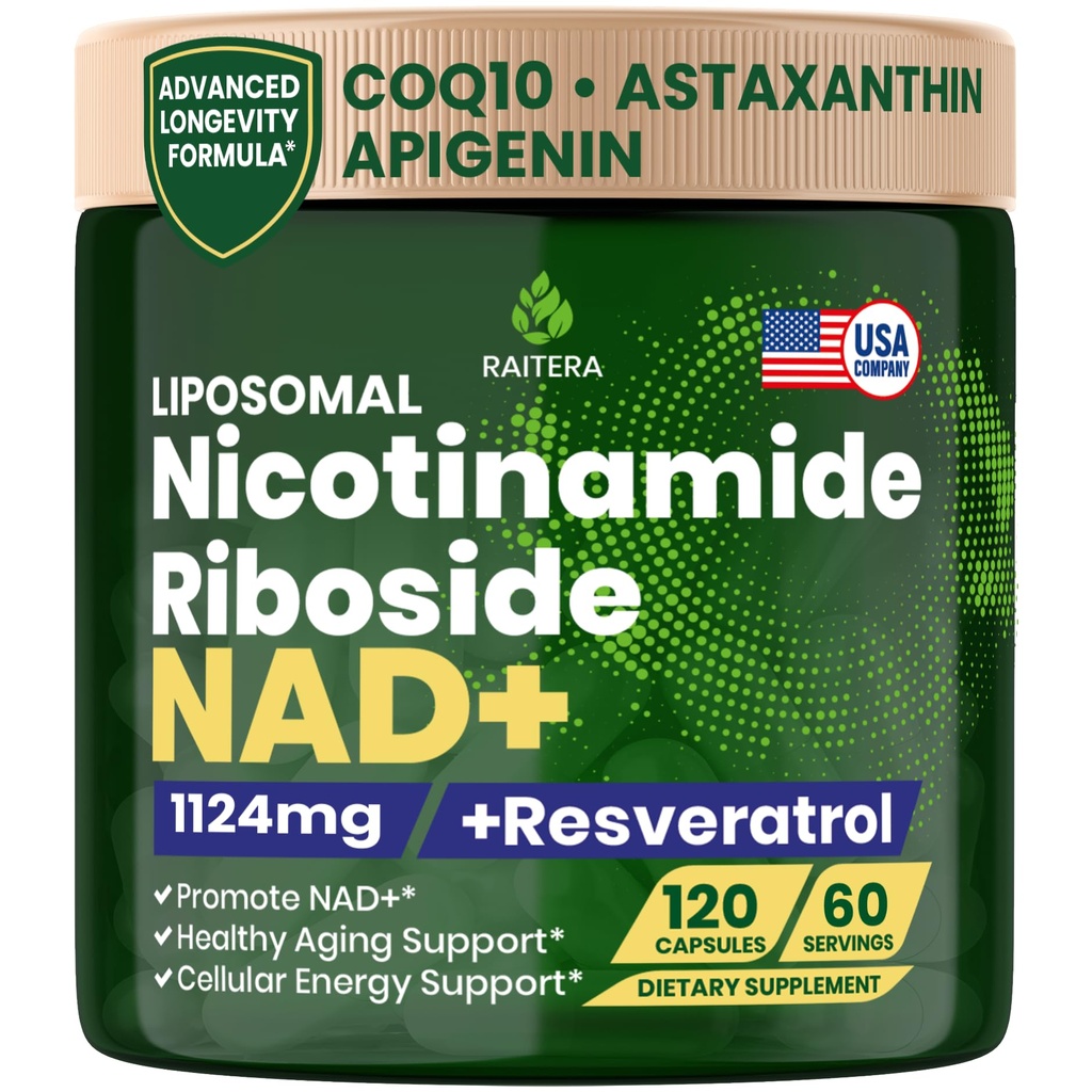 NAD+ Supplement, Nicotinamide Riboside Resveratrol 1124mg, Quercetin, Premium NAD+ Supplement for Cellular Energy & Healthy Aging Support, NMN Alternative for Women & Men - 120 Capsules