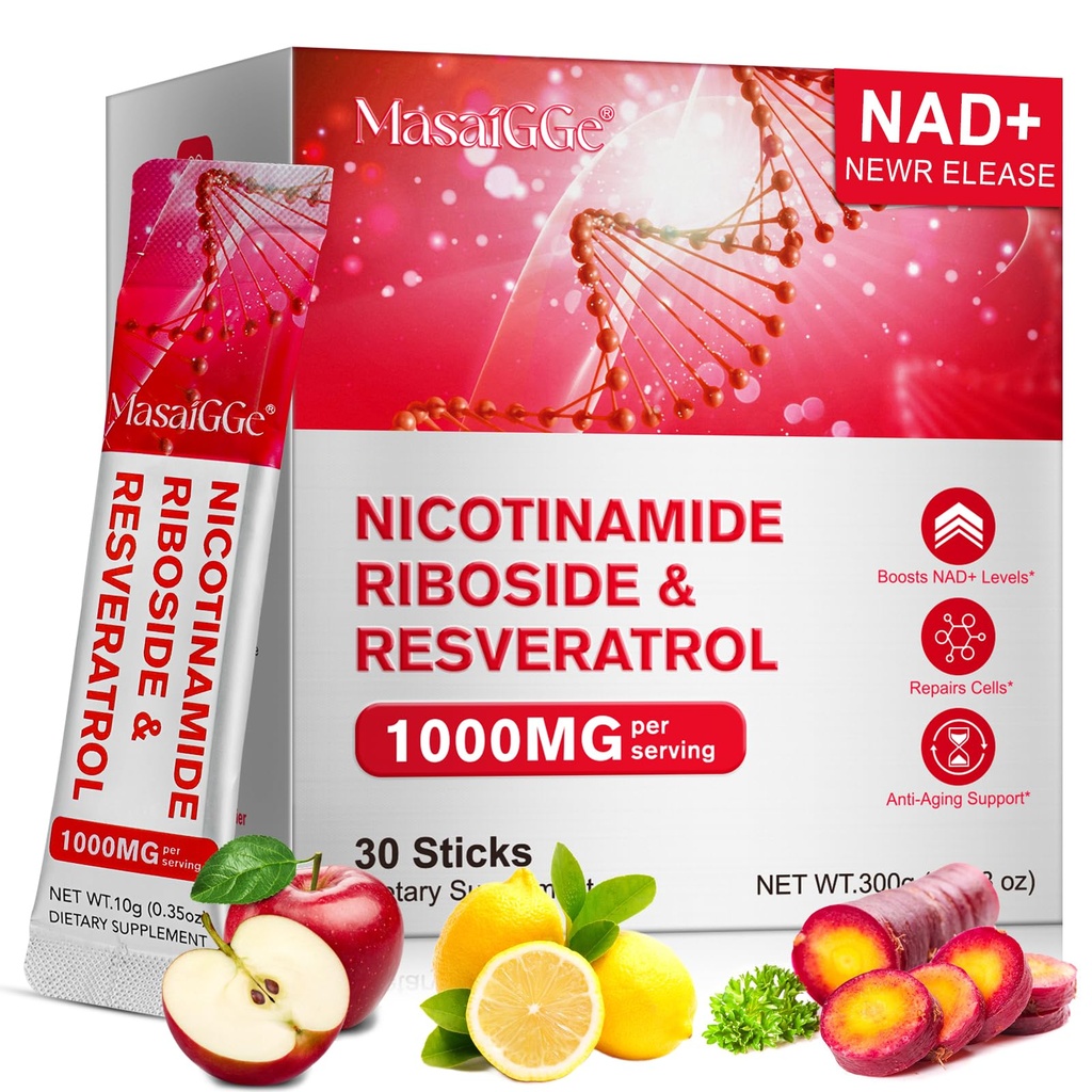 NAD+ Liquid Supplement Packets 30pcs,Premium Nicotinamide Riboside & Resveratrol, Boosts Cellular Energy & Healthy Aging