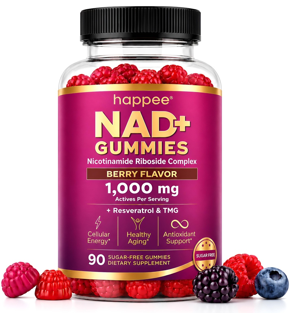 Happee NAD+ Gummies Supplement for Women & Men, Sugar-Free 1,000mg 90 Ct | Healthy Aging, Energy, & Focus 5-in-1 NAD Plus Resveratrol, Nicotinamide Riboside 500mg NR, TMG, Quercetin, & CoQ10
