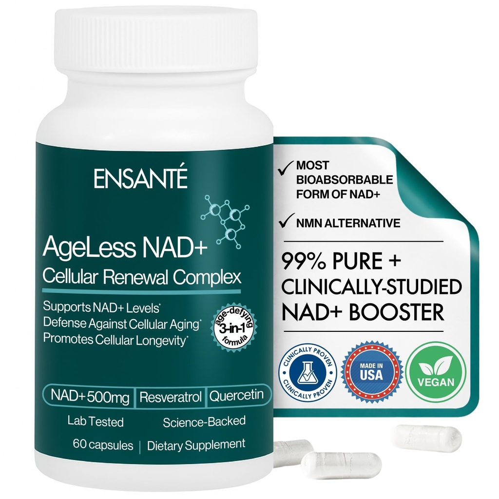 ENSANTE Advanced NAD+ Supplement 500mg with Resveratrol, Quercetin, Nicotinamide Riboside, NAD Supplement for Women Men for Cellular Longevity, Anti Aging, Cognitive Support, 60 Veggie Capsules, USA