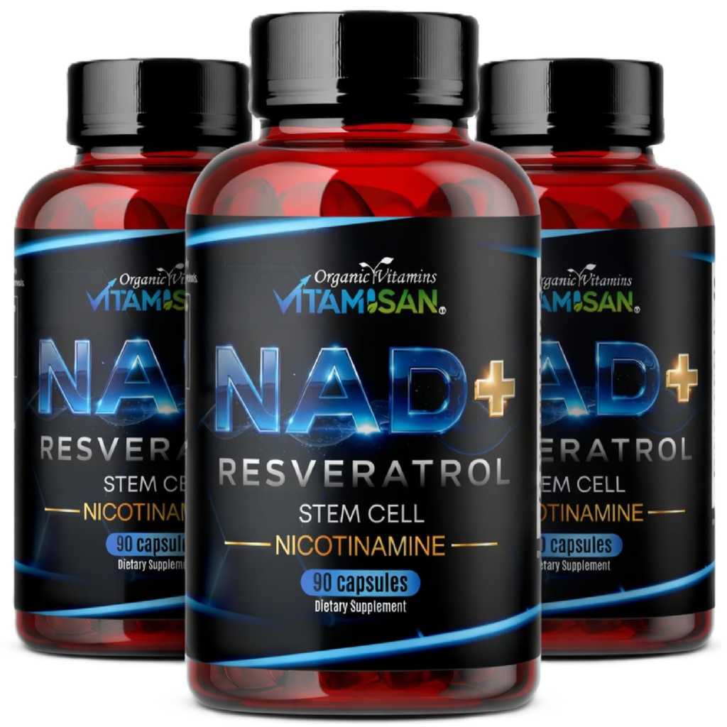VITAMISAN NAD+ Resveratrol with NMN, NR & CoQ10 – Cellular Energy Support, Anti-Aging & Antioxidant Formula – Stem Cell & Nicotinamide Supplement – 90 Capsules (3 Bottles)