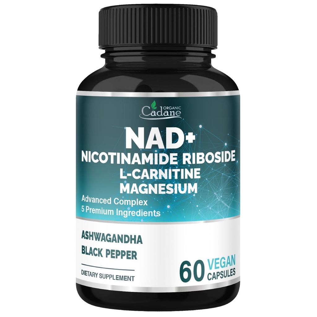 Organic Cadane Nicotinamide Riboside Supplement with L-Carnitine, Magnesium Glycinate, Ashwagandha, Black Pepper | Cellular Health & Wellness Support | Vegan, Non-GMO – 60 Capsules – 30-Day Supply