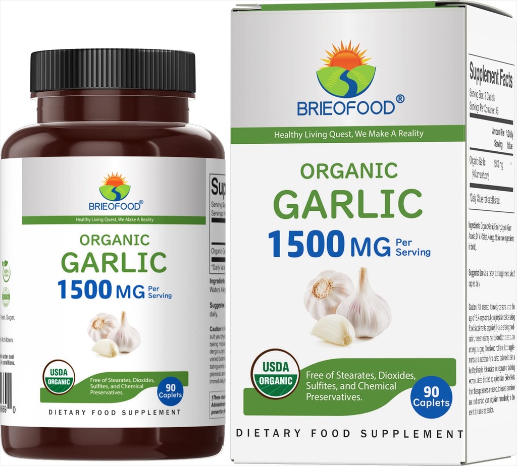 Brieofood Organic Σκόρδο 1500mg, 45 μερίδες, χορτοφαγικά, Χωρίς γλουτένη, 90 χορτοφαγικά δισκία