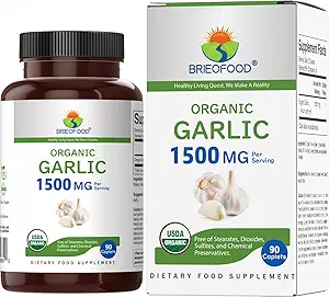 Brieofood Organic Σκόρδο 1500mg, 45 μερίδες, χορτοφαγικά, Χωρίς γλουτένη, 90 χορτοφαγικά δισκία