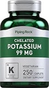 Piping Rock Chelated Potassium Supplement 99mg | 250 Caplets | Potassium Gluconate | Vegetarian, Non-GMO, Gluten Free