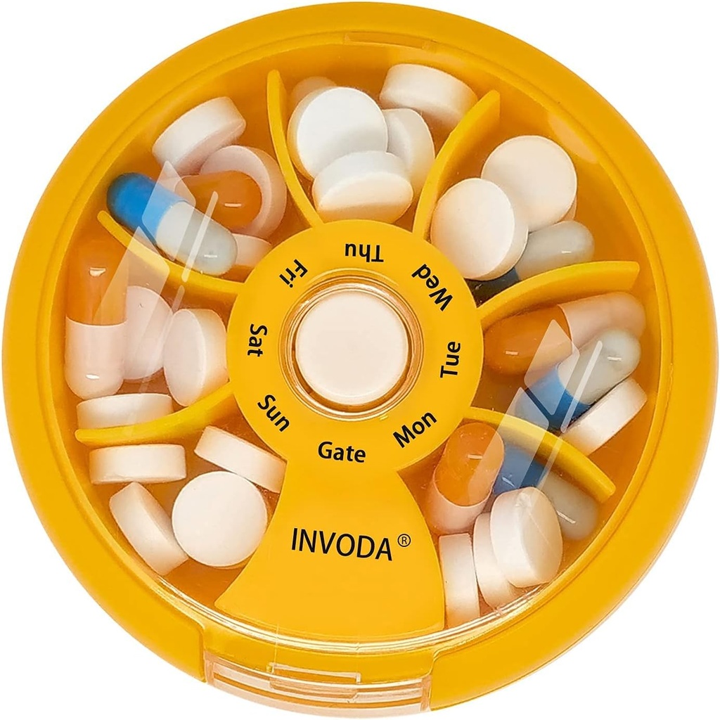 INVODA Weekly Pill Organizer 7 Διαμέρισμα Περιστρεφόμενο Χάπια Κουτί για Καθημερινή Φάρμακα & Βιταμίνες - Portable Travel Pill Υπόθεση Fish Oil Συμπληρώματα Βιταμίνες Organizer (Orange)