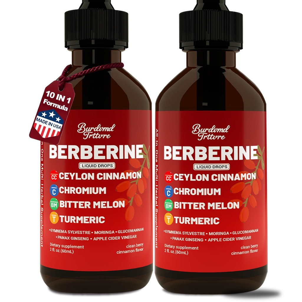 Berberine Drops with Ceylon Cinnamon Supplement, Berberine HCL, Chromium, Bitter Melon & Turmeric Liquid Drops for Immune Health & Metabolic Support, Fast Absorption - 4 fl oz