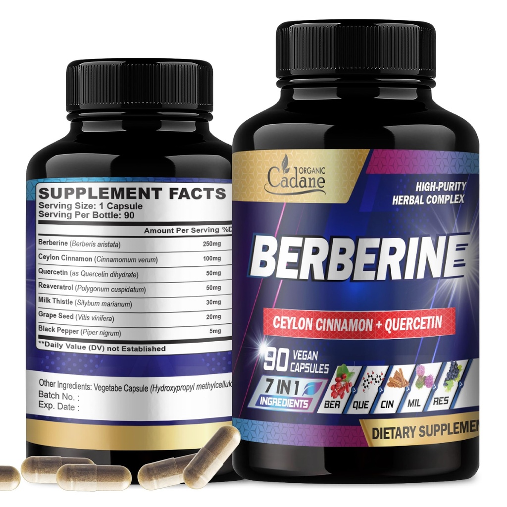 Organic Cadane Berberine Supplement with Ceylon Cinnamon, Quercetin, Black Pepper & More - Supports Heart, Digestive, Body & Immune - 90 Capsules for 3 Months