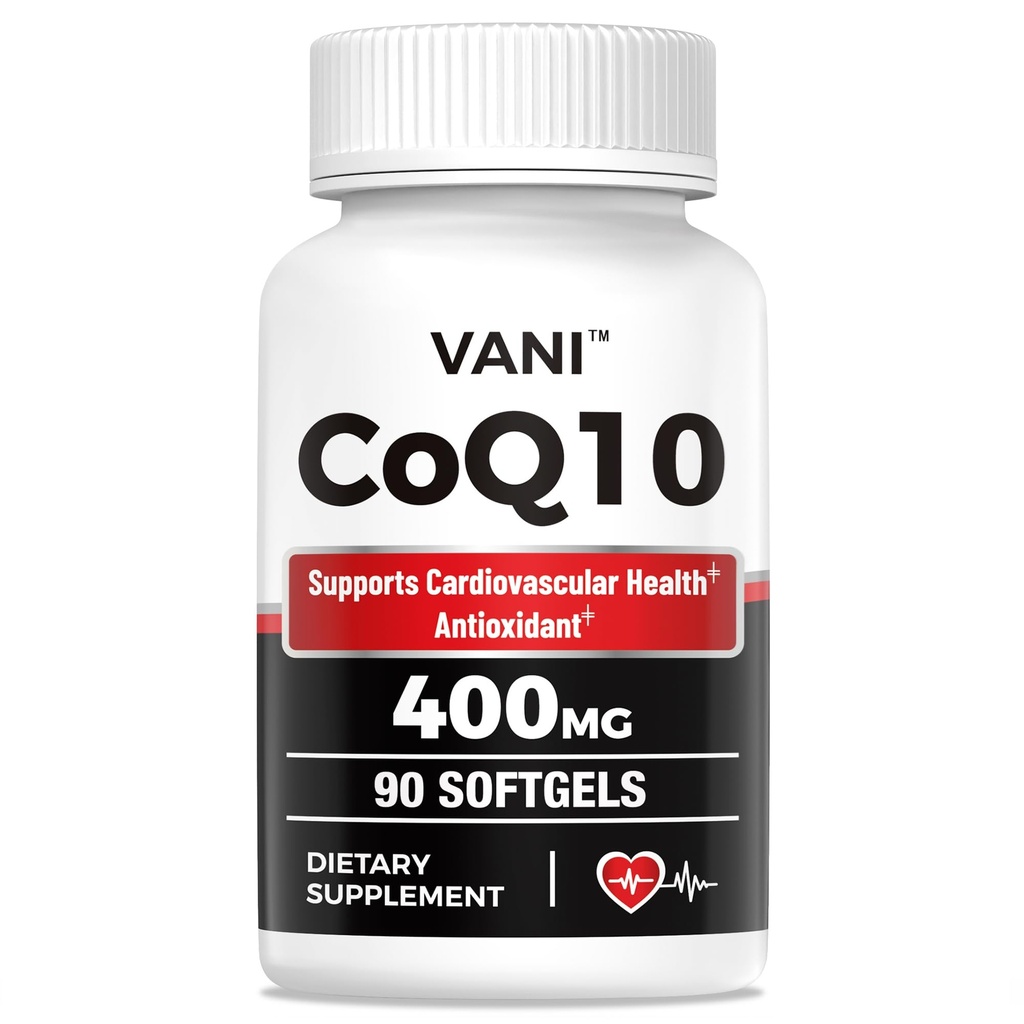 VANI CoQ10 400mg, 90 Softgels, Optimally Absorbed Ubiquinone CoQ10 Dietary Supplement Support for Heart Health & Brain Function, Gluten-Free